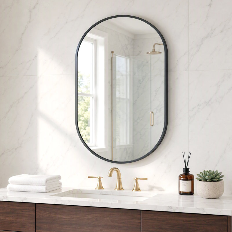 Miroir mural ovale pour salle de bain, en verre trempé avec cadre en aluminium, fixation verticale ou horizontale., 24*36