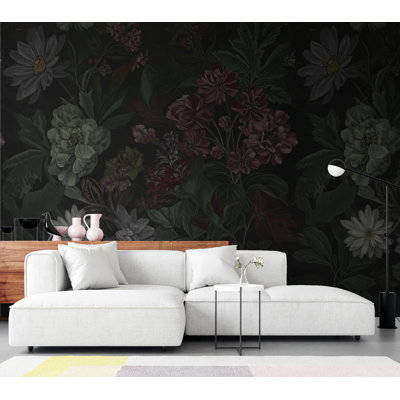 Dark Botanical Wallpaper Mural, Moody Floral Wall Art, Vintage Wildflower Foliage , Dark Academia Luxury Decor