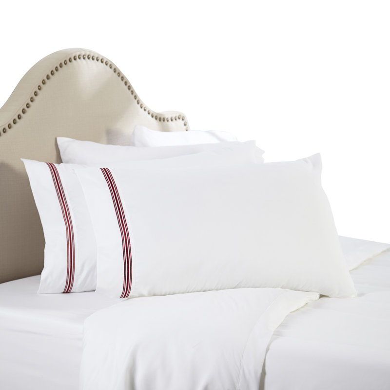  Ensemble de draps en percale en microfibre à rayures satinées 1800, Taie d'oreiller taille double, Bourgogne