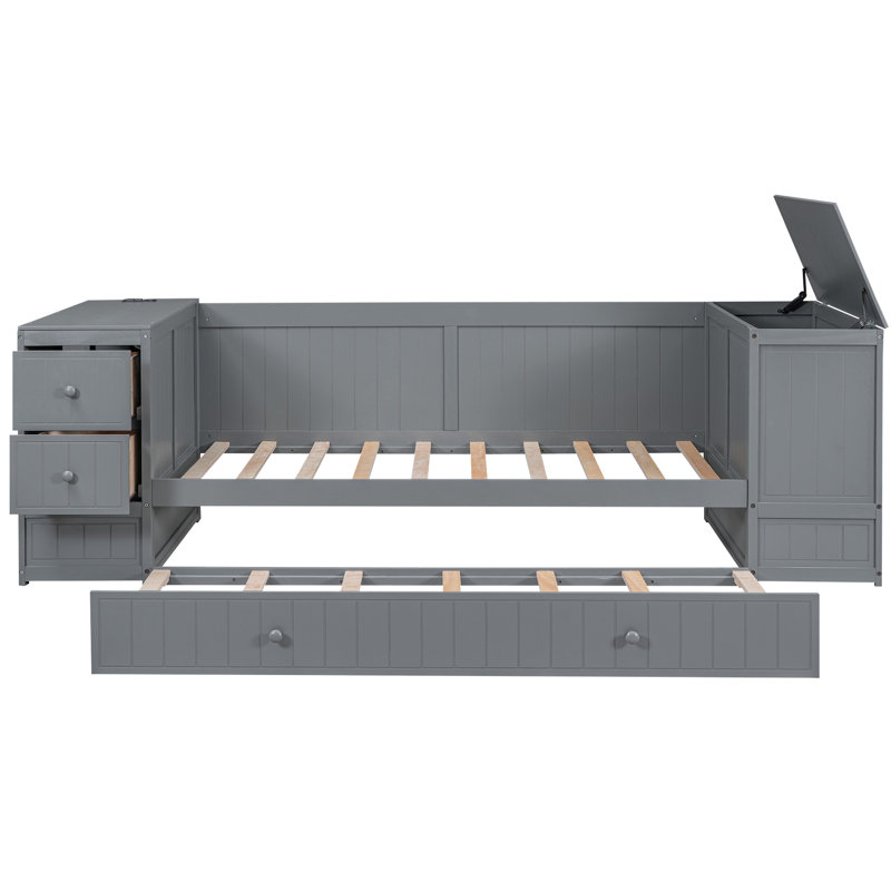 Lit de jour simple avec rangement pour outils, lit gigogne, gris - Construction en bois massif, Grey