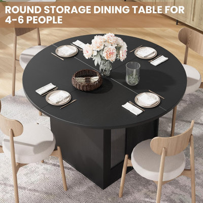 47" Round Farmhouse Dining Table for 4-6 with Storage, Sliding Door Cabinet