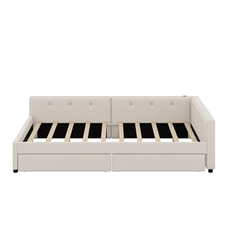 Lit plateforme tapissier avec port USB et 2 tiroirs, Grand lit