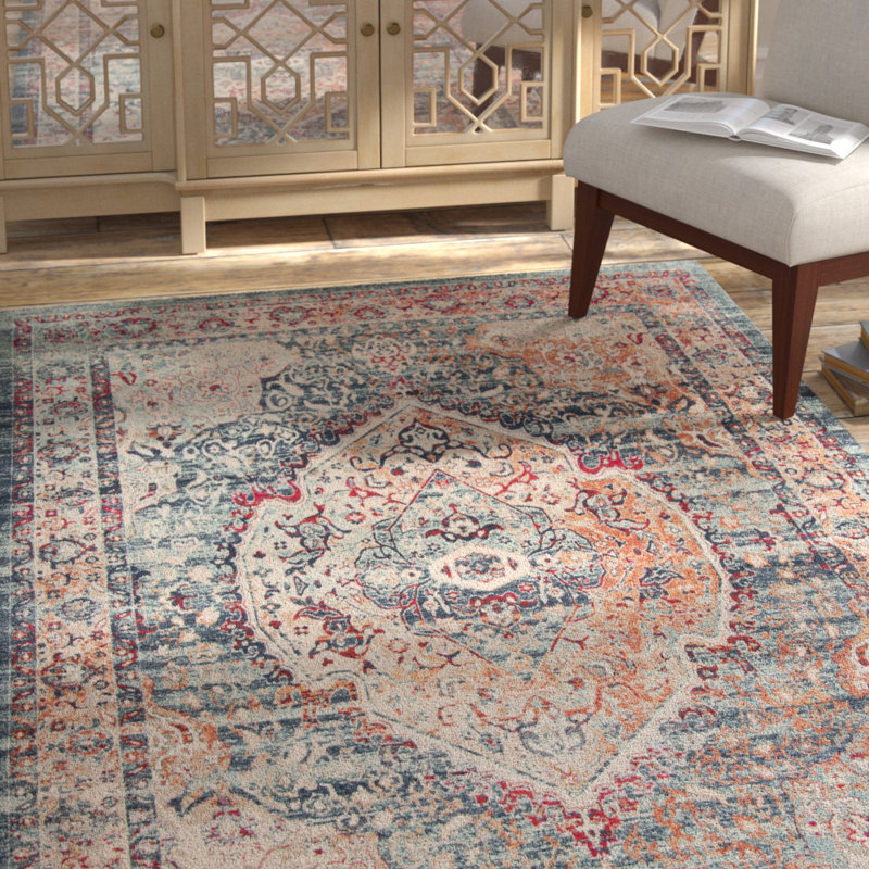 Doucet 300 Pes/Cotton/Pp/Latex Oriental Rug in Navy/Aqua, Rectangle 4' x 6'