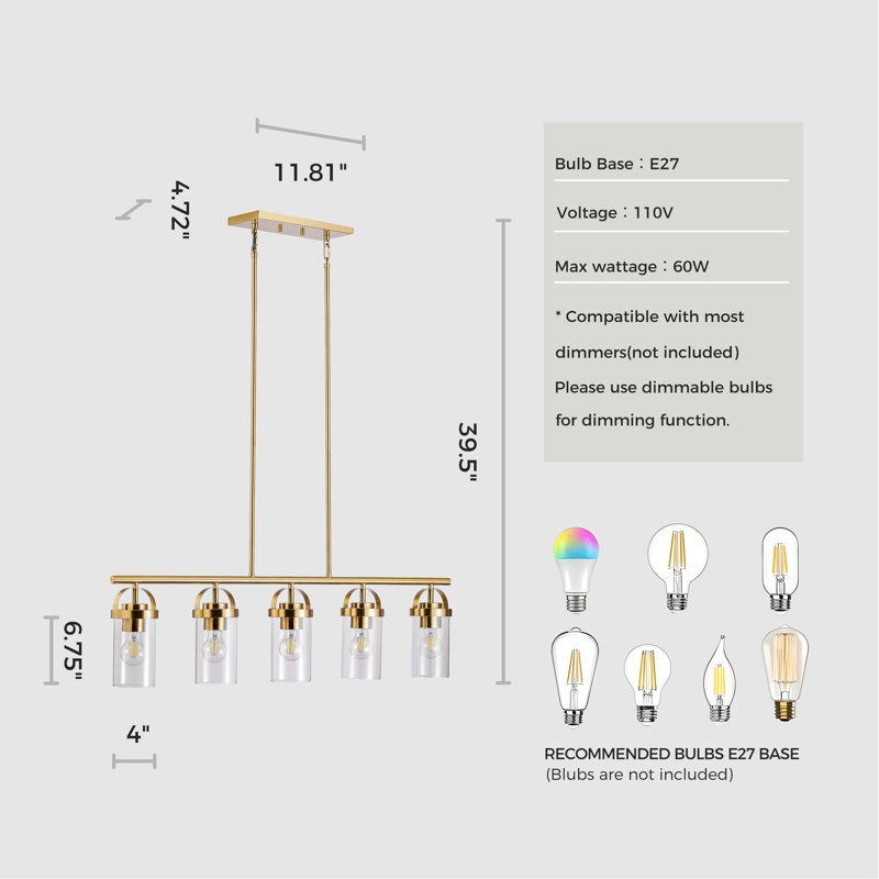 Lustre 5 lumières avec verre transparent
