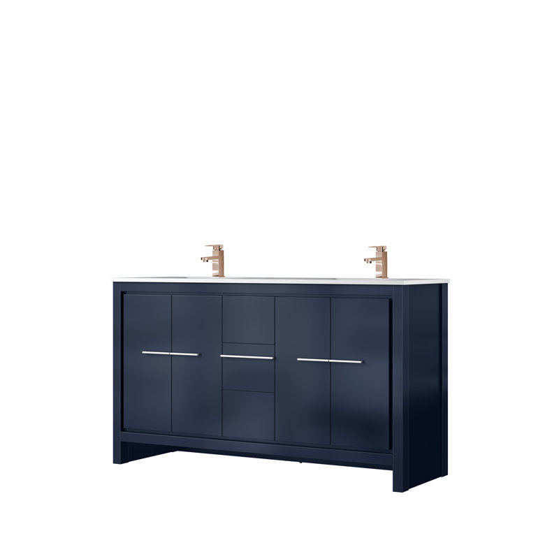 Lafarre 60 in W x 20 in D Double Bath Vanity Faucet Set, Navy Blue, White Quartz