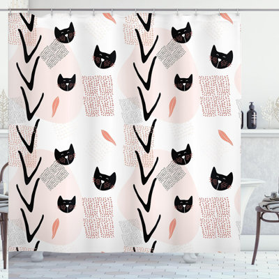 WhiskerWonder Cat Face Shower Curtain - Modern Animal Theme, Dark Coral Black Peach, Fabric Bathroom Decor with Hooks