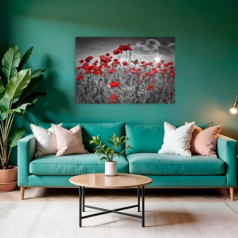 Dramatic Poppy Field Tranquil Abstract Contemporary Poppy Flower Landscape Wall Art Print, 32" H x 48" W