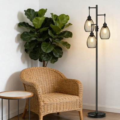 Industrial Floor Lamp With Marble Base, 70-Inch Dimmable Standing Lamp For Living Room And Bedroom, Includes 3 Warm White LED Edison Bulbs