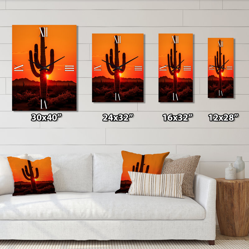 Orange, noir, cactus, désert, coucher de soleil, Saguaro - très grandes horloges murales florales, H 32 po x l 24 po x P 1 po