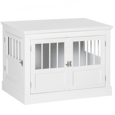 Pawhut Dog Crate End Table With Triple Doors, Wooden Dog Crate Furniture Indoor Use, Puppy Crate With And Steel Tubes, For Small Dogs, White