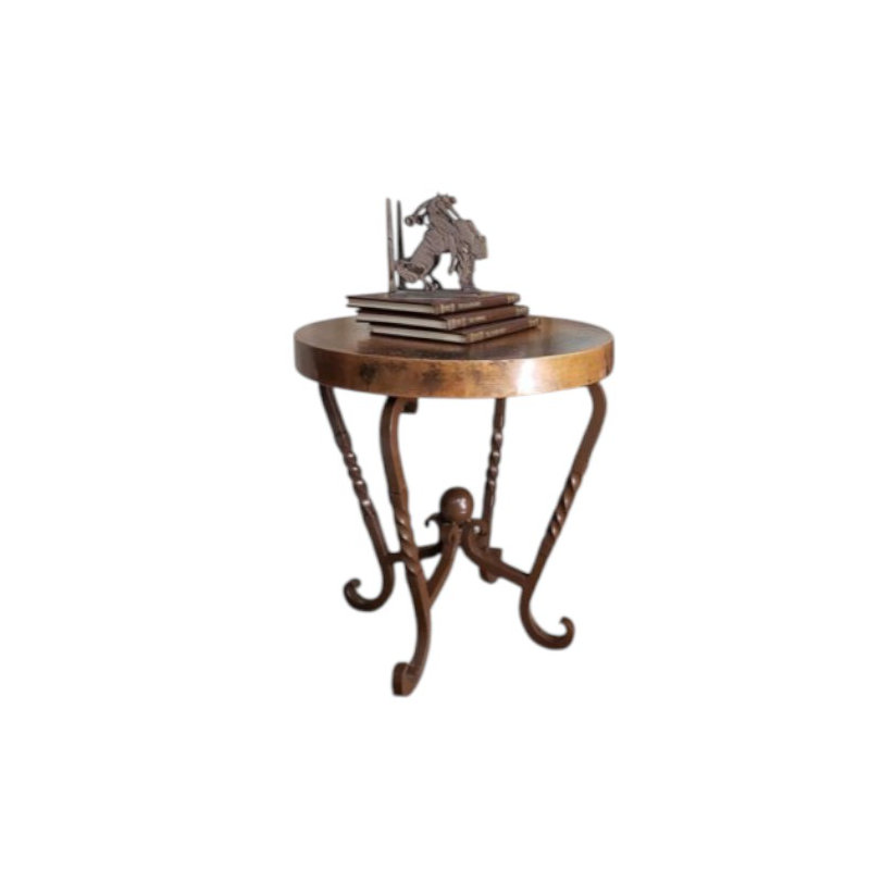 24" Round Natural Hand-hammered Copper Top Side Table: Rustic Wrought Iron Base
