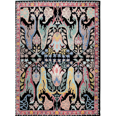 8x10 Black Hand-Knotted Wool Mythical Beasts Garden Classic Traditional Modern Contemporary Carpet Rug