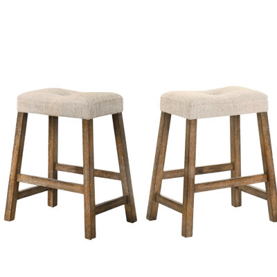25-Inch Distressed Backless Counter Stool Of 2 With Sand Fabric Seat And Padded Cushion, Ideal For Kitchen Entertainment Areas Rustic Wooden Cushioned Construction, Space Breakfast Bar
