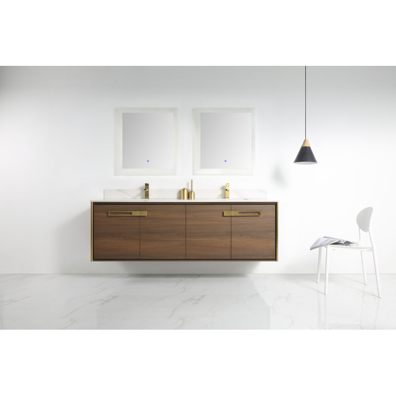 72'' Double Bathroom Vanity with Carrara Quartz Top, Satin Brass, Walnut Ebony