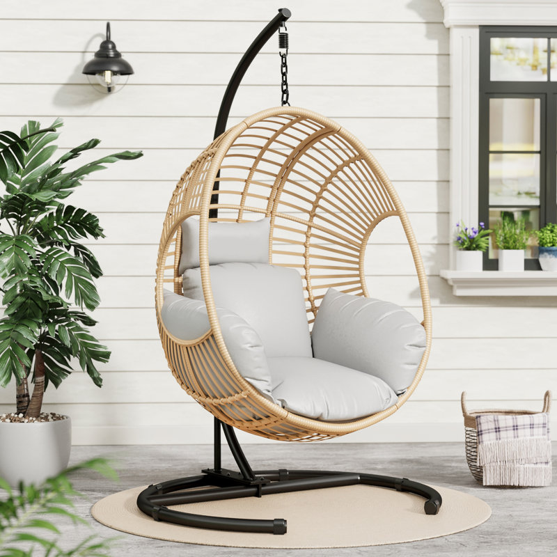 Fauteuil à œufs suspendu surdimensionné pour l'extérieur avec support, coussin et housse de pluie, balancelle de patio en osier de rotin pour jardin, balcon et porche