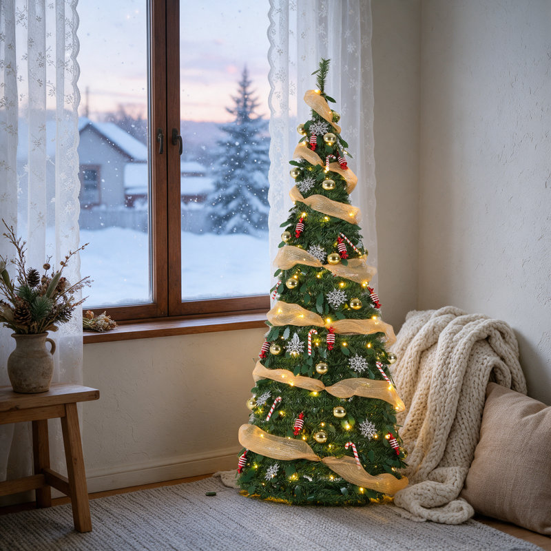 Arbre de Noël Pop Up avec lumière, arbre de Noël pliable avec télécommande, pré-éclairé entièrement décoré avec 100 lumières chaudes et colorées, ornements, ruban, 11 modes, pour un décor de Noël