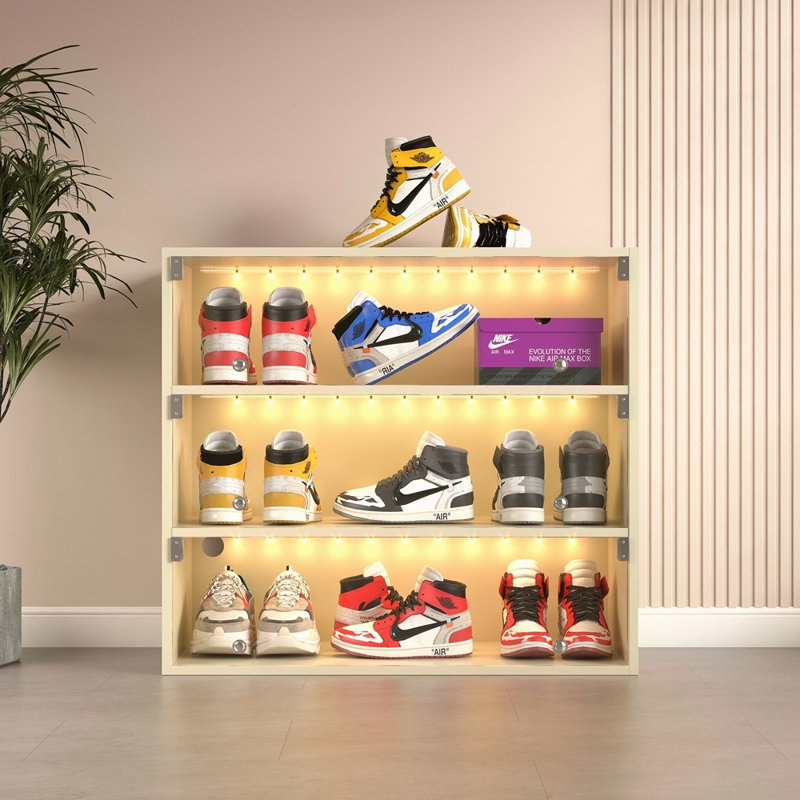 Boîte à chaussures à DEL avec trois couches et portes en verre, Blanc