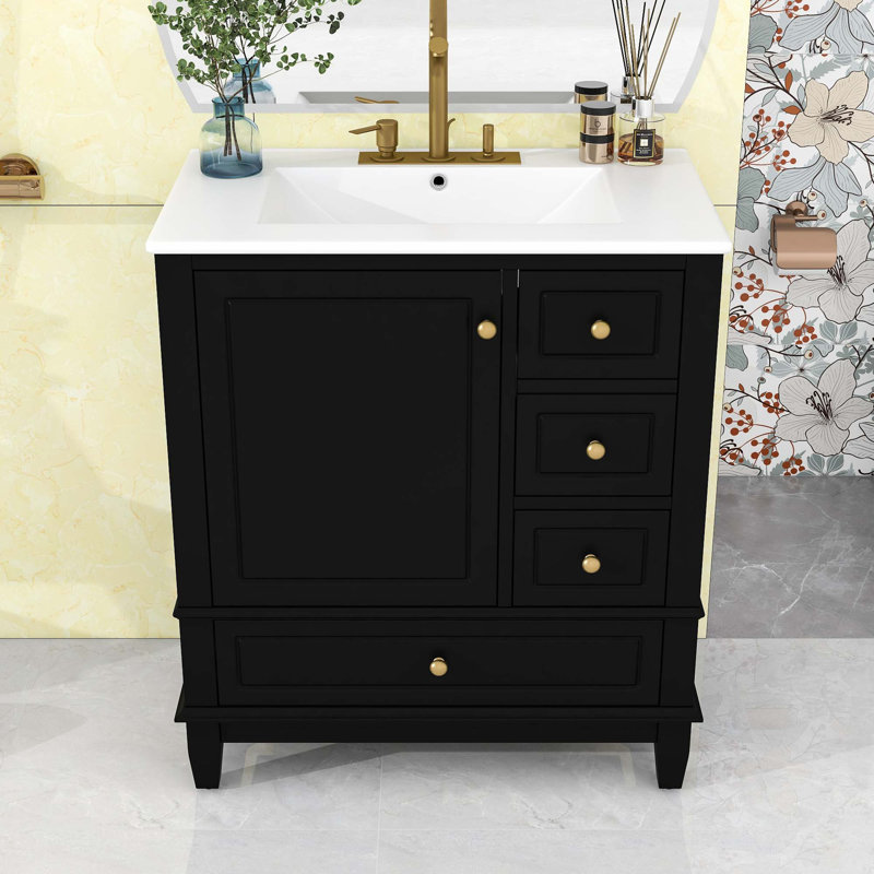 Meuble-lavabo avec lavabo, tablette et trois tiroirs, Noir