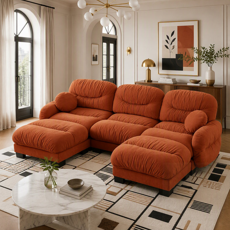 Canapé modulaire confortable en tissu de chenille plissé 3 places avec mousse ergonomique haute densité, canapé modulaire en forme de U avec 2 repose-pieds et accoudoirs ronds