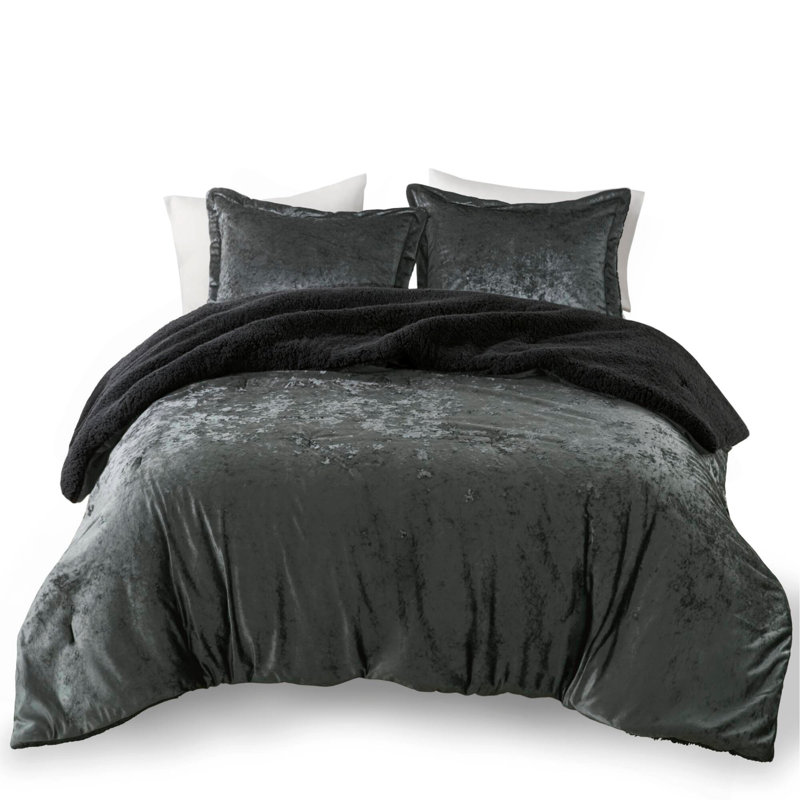 Ensemble d'édredon réversible en sherpa 3 pièces, Gris anthracite, Édredon double / grand et 2 taies décoratives