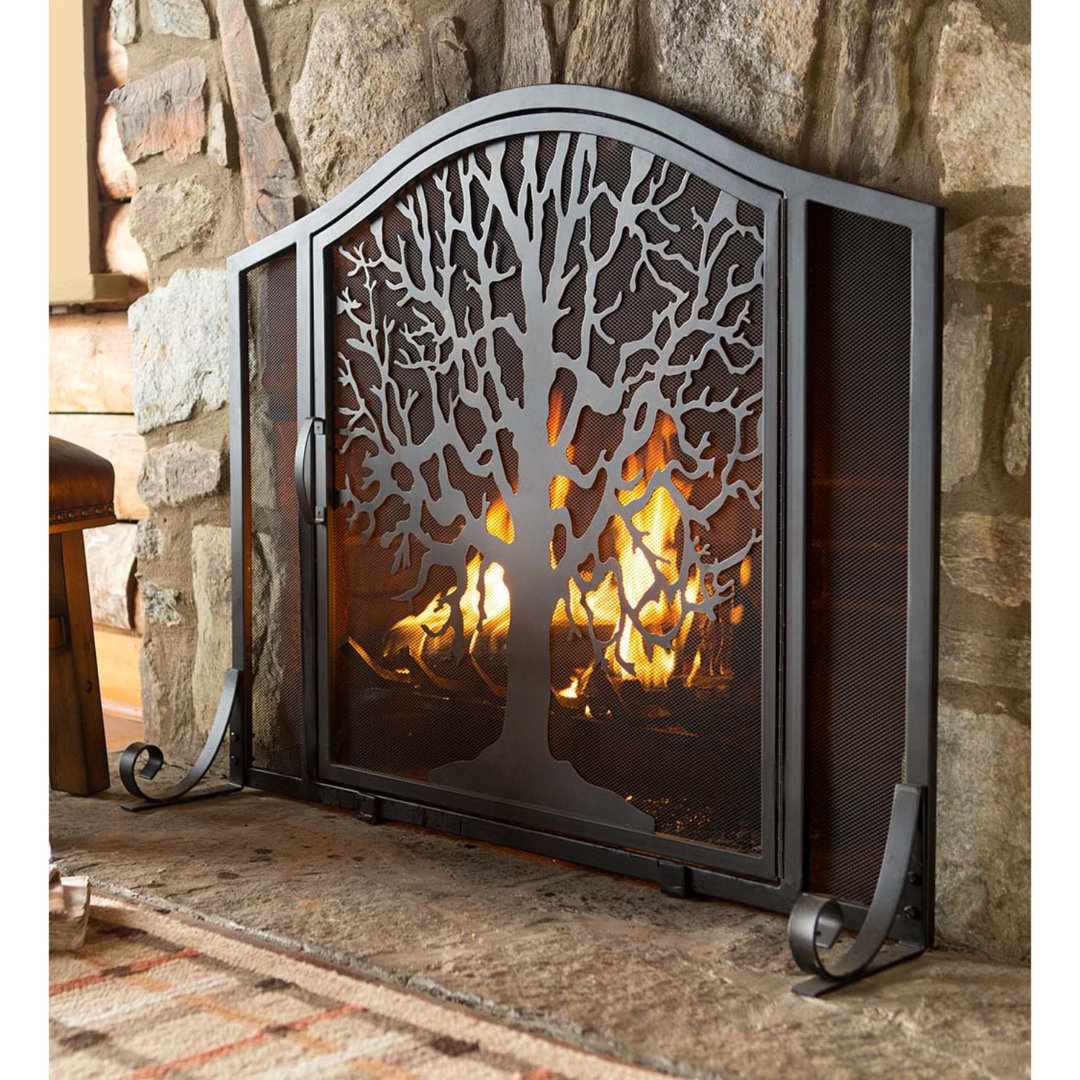 Kittleson Large Tree of Life Fire Screen with Door - Black Andover Mills™