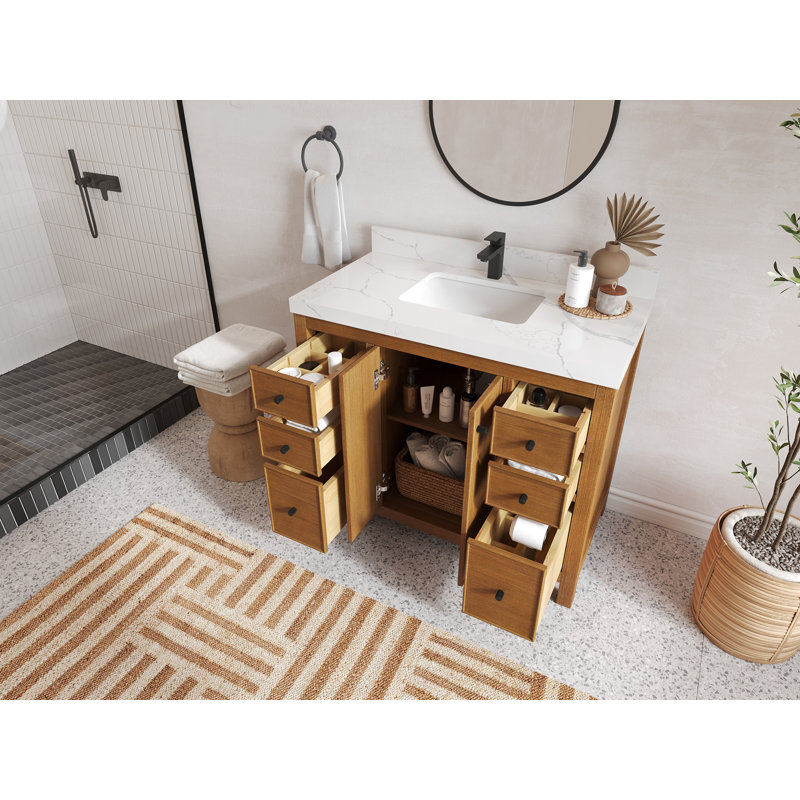 Ensemble de meuble-lavabo simple 42 po Chicago Teak, Calacatta Nuvo