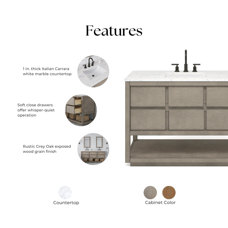 Oakman 48 In. Double Sink Carrara White Marble Countertop Bath Vanity In Grey Oak With ORB Faucet