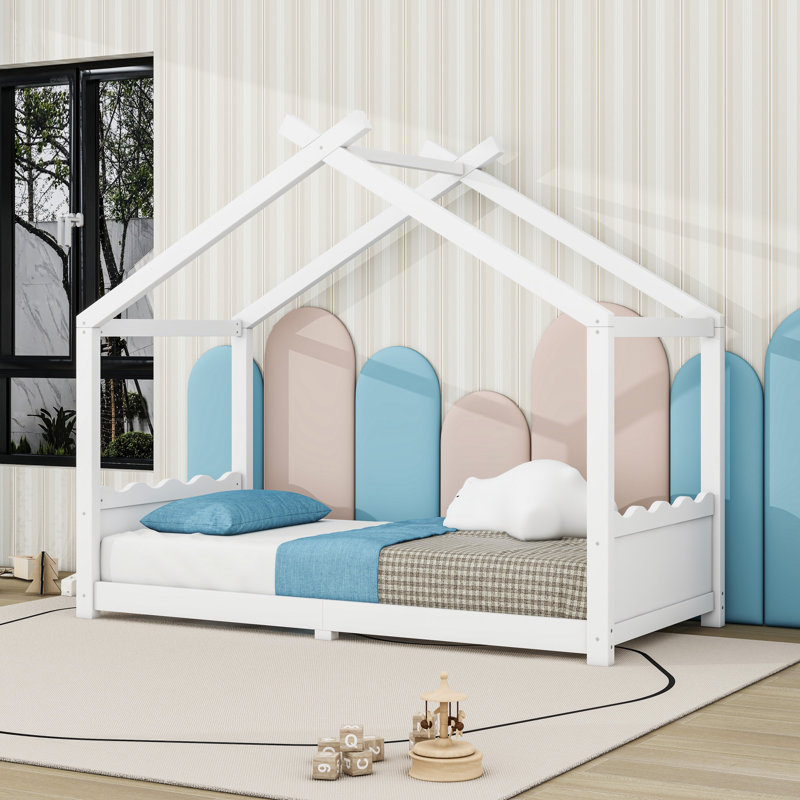 Wood House Floor Bed With Slats, Twin, White