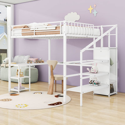 Queen Loft Bed With Built-In Desk, LED Light, USB Charging, And Wardrobe