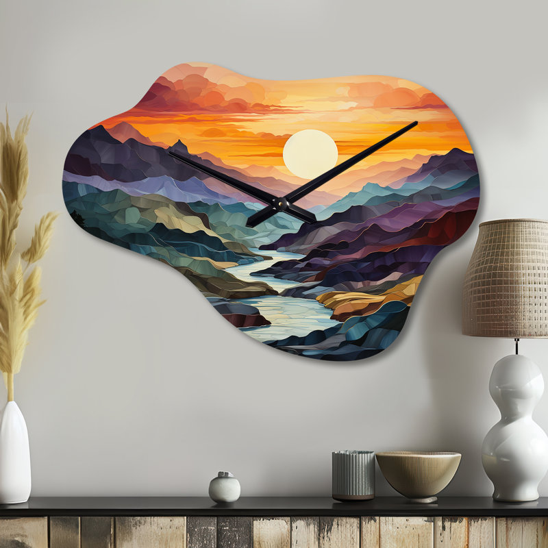 Horloge murale orange, paysage audacieux, montagnes, Grand