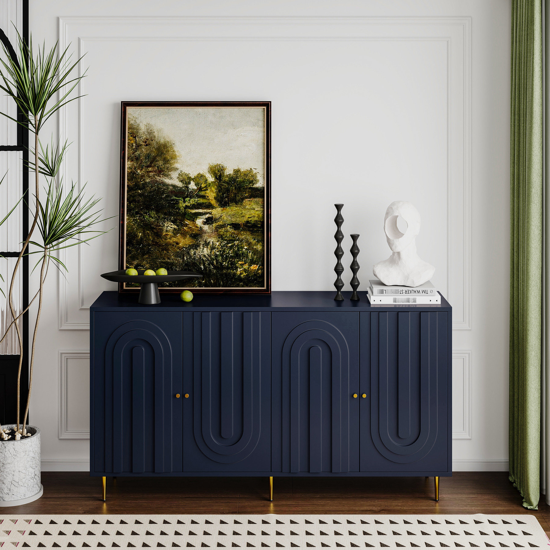 Picture of Mercer41 Blue Lacquered 4 Door Buffet Server Cabinet - Minimally ...