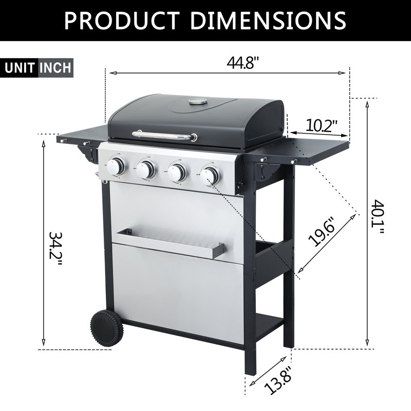Barbecue au gaz propane à 4 brûleurs avec table d'appoint pliable