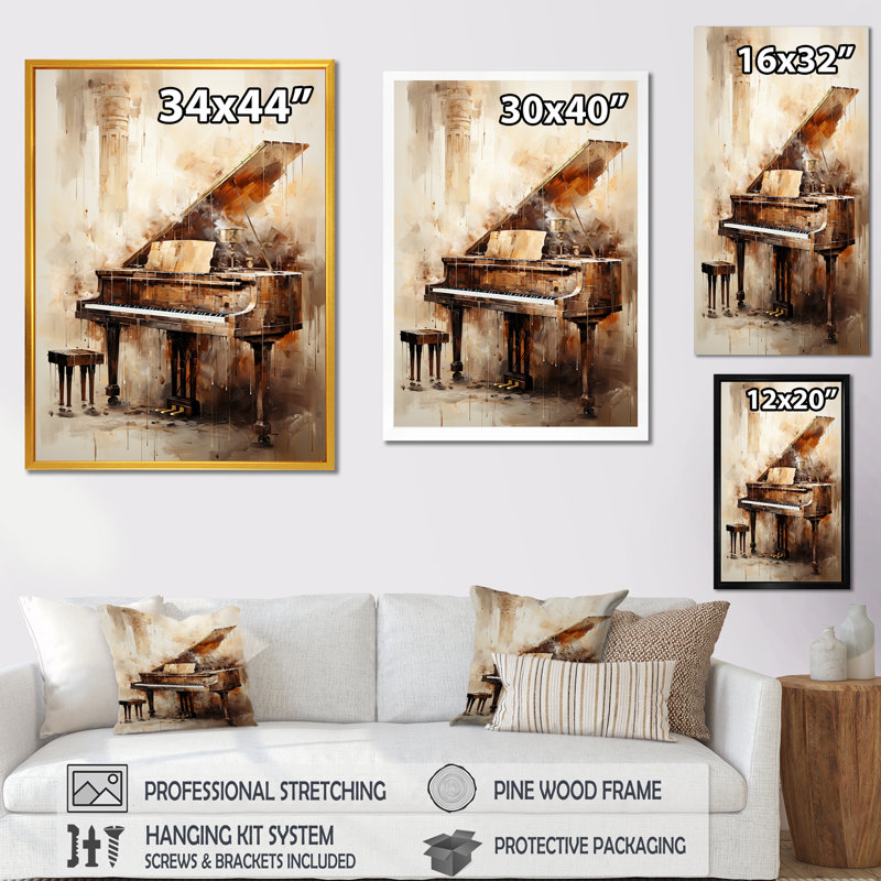«Warm Melody Piano I - Music», art mural, Cadre flottant doré, H 32 po x l 16 po x P 1 po