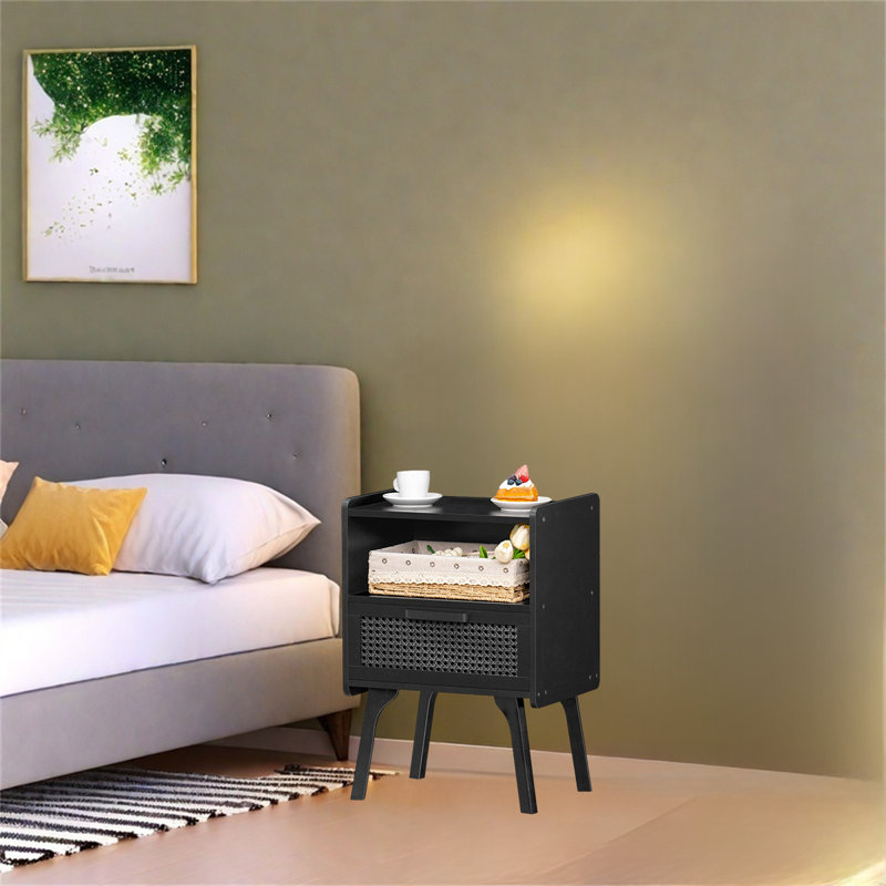 Rattan Nightstand With Drawer & Open Shelf – Boho Chic Side Table With Solid Wood Legs, Black