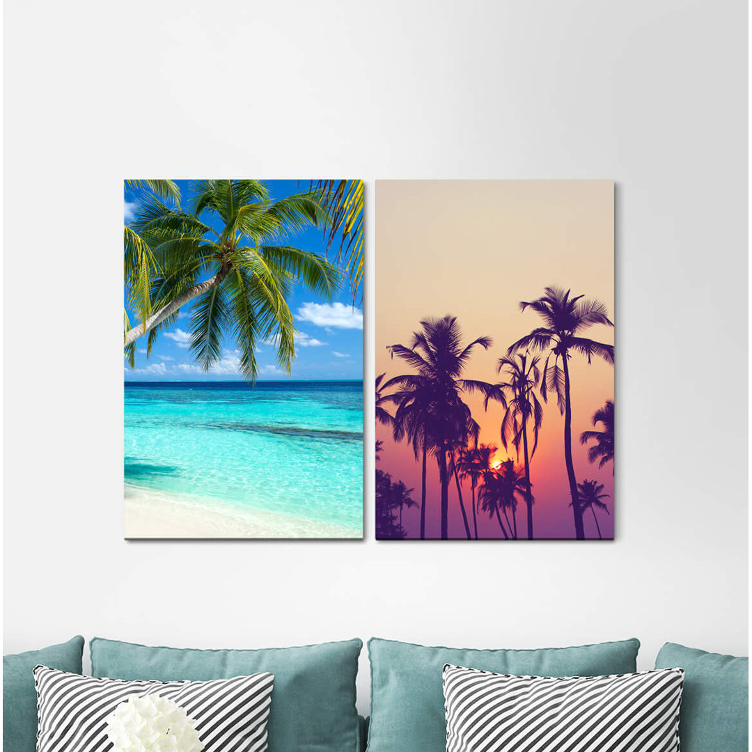 2-tlg. Leinwandbilder-Set Palms Summer Sunshine Beach Dreamlike Sea Relax