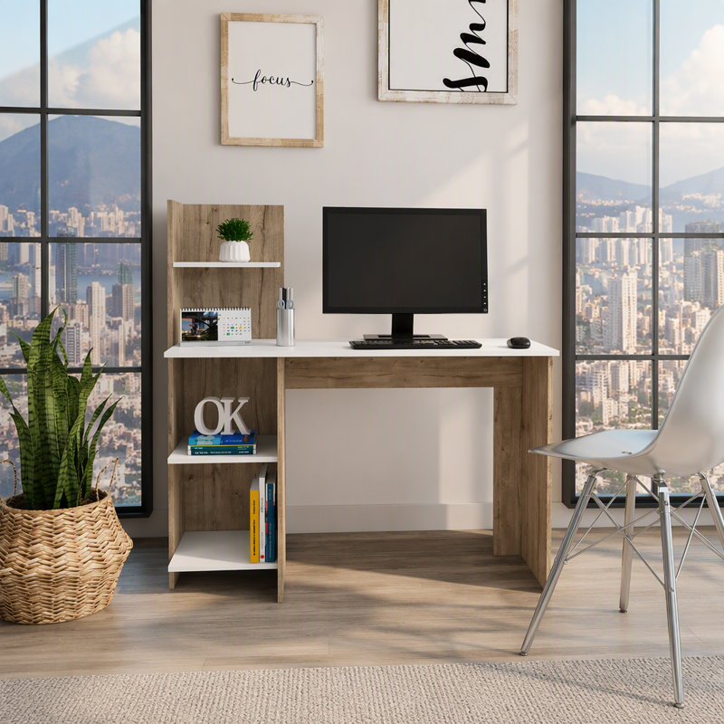 White and Pine 4-Shelf Writing Desk