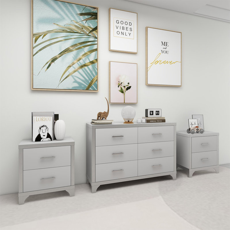White 3-piece Set, Dressing Table And Two Bedside Tables, Including Metal Handles And Mirror Decoration