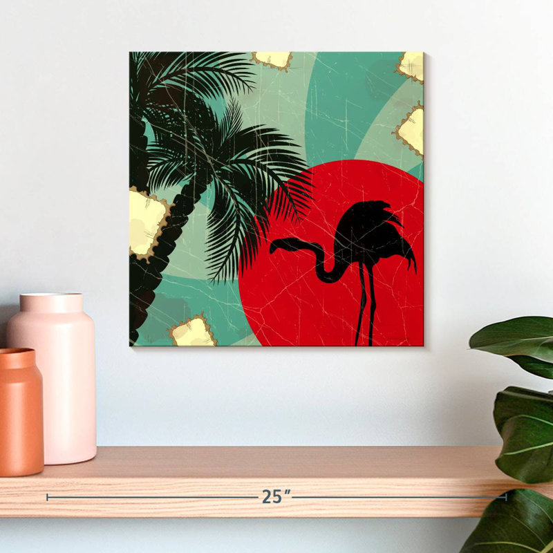 Flamant rose et palmier Brampt, H 16 po x l 16 po