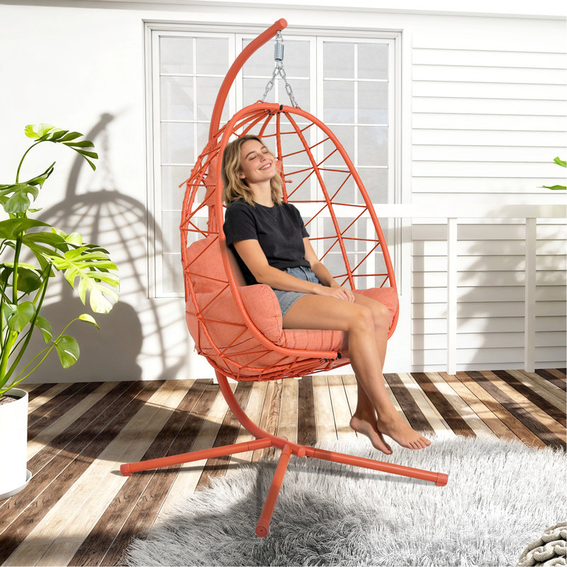 Fauteuil suspendu suspendu en osier avec support et coussin lavable pour patio, Orange-Red, Orange-Red