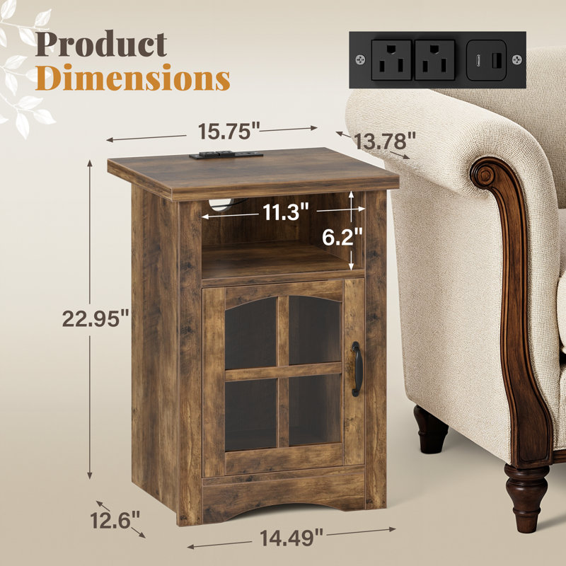 Farmhouse Led Lighted End Table,storage Nightstand With Charging Station And Glass Door, 2, Brown