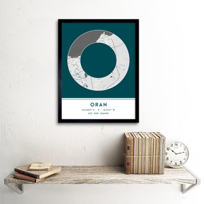 Oran Algeria City Map Teal 1 Piece Single Picture Frame Wall Art