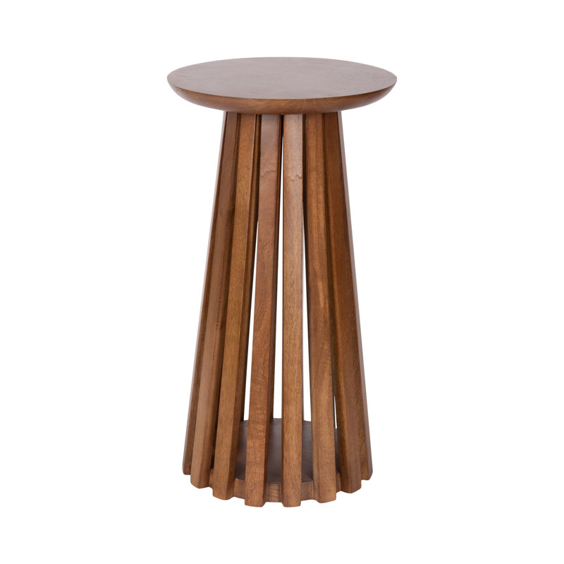 Klarc Modern Round Slatted Wood Drink Table, Dark Brown Wood