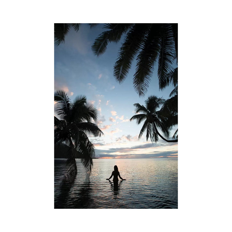 Woman Standing in the Pacific Ocean at Sunset, Moorea, Tahiti, French Polynesia II 1 Piece Wrapped Canvas Wall Art