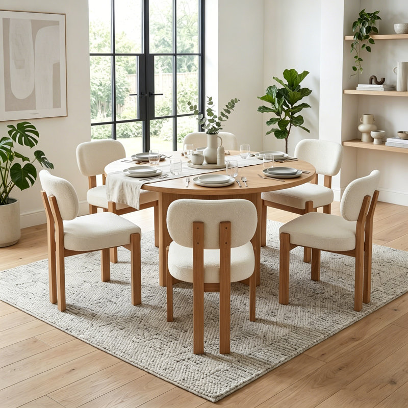 Ensemble de 2 chaises de salle à manger Mid-Century en chenille avec pieds en bois massif, Beige