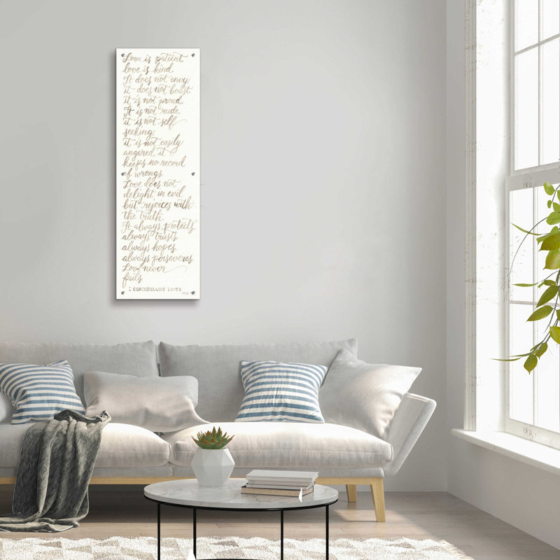 «Handwritten Love is patient» par Cindy Jacobs, art mural en verre acrylique, H 48 po x l 16 po x P 0,2 po