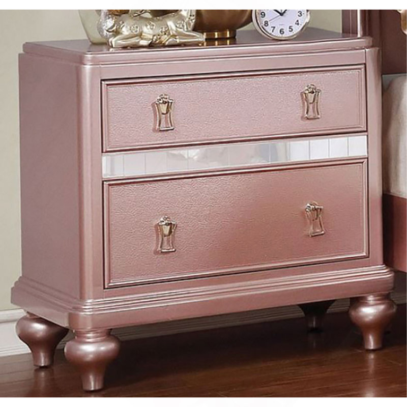 Table de chevet 2 tiroirs en bois avec bordure miroir, or rose