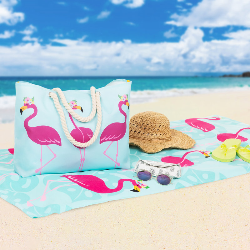  Serviette de plage flamants roses et feuilles