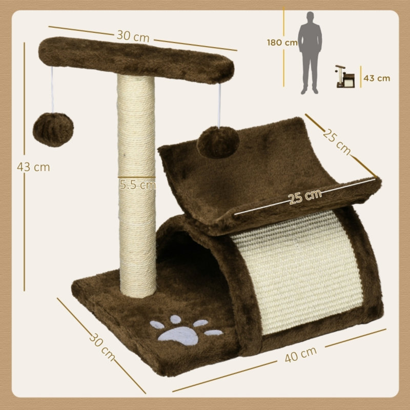 Cat Tree Kitten Activity Centre with Rotatable Top Bar, Sisal Scratching Post, Tunnel & Dangling Balls, Grey, Brown