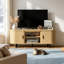 Meuble télé 55 po en chêne naturel avec foyer électrique 18 po, meuble télé moderne ovale pour téléviseur de 65 po ou moins, console multimédia en bois clair avec portes coulissantes et flamme 3D-1558222758
