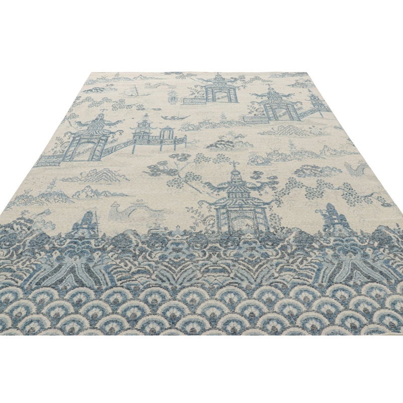 Rug & Kilim’S Distressed Chinese Pictorial Rug In Blue And Off-White Tones